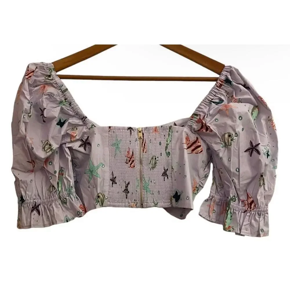 Hill House Home Isabella Sea Creatures Puff Sleeve Crop Top NWT Medium